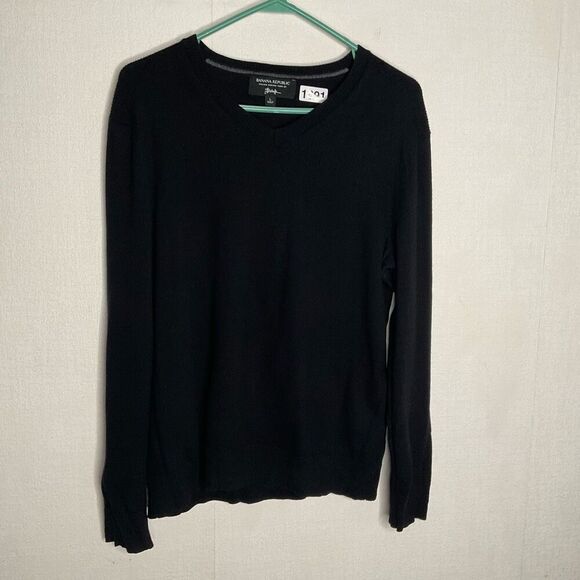 BANANA REPUBLIC Sweater Mens Large Black‎ Washable Merino Wool V-neck Pullover - Picture 1 of 8